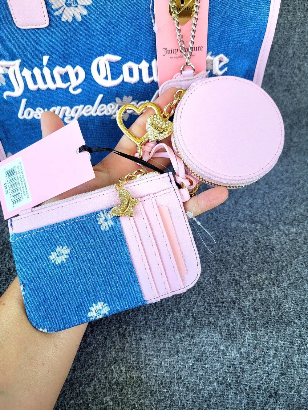 Juicy Couture Daisy For Juicy Tote Denim and Pink With Matching Card Wallet